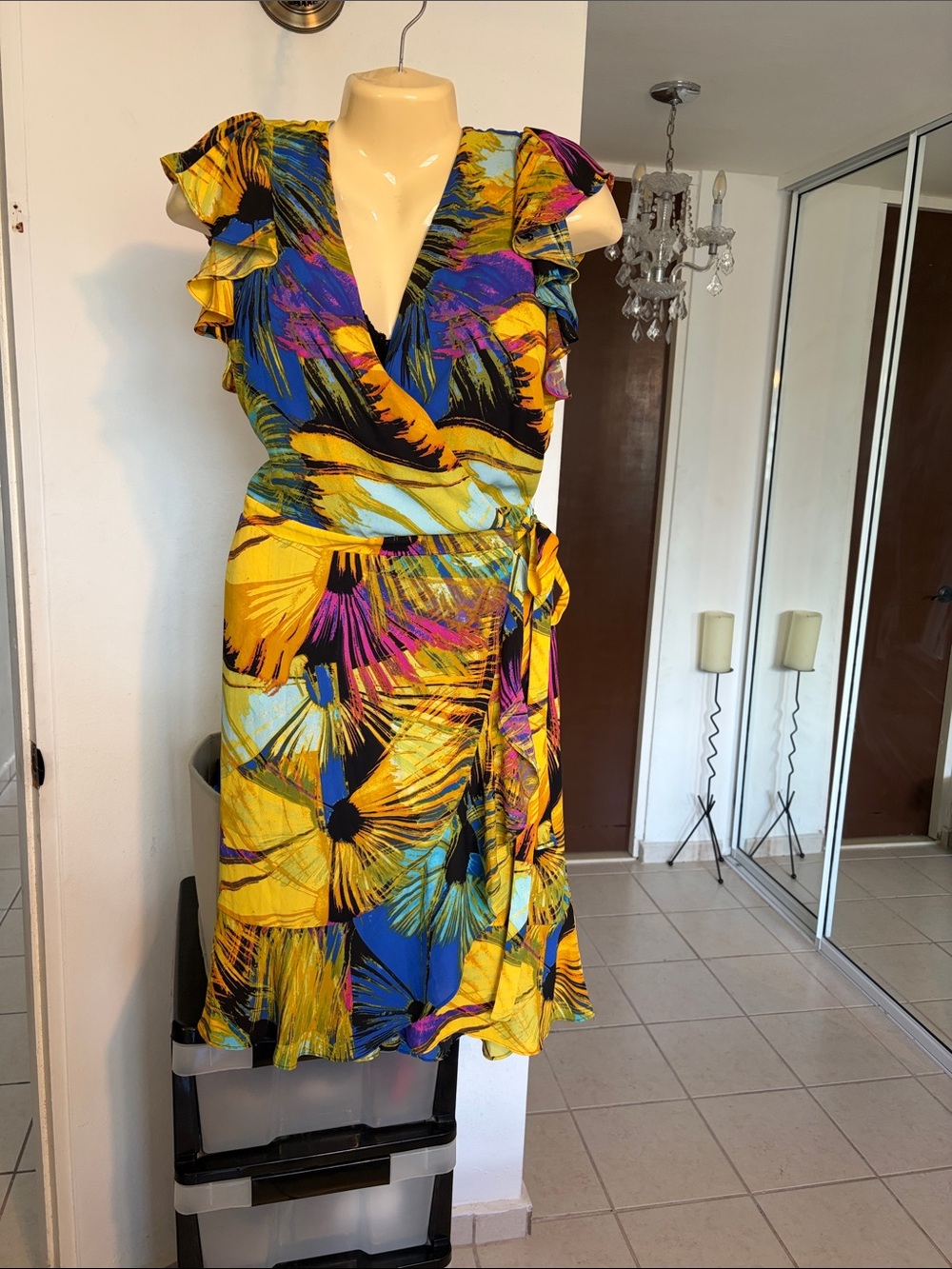 New York & Company Yellow Floral Wrap Midi Dress with Blue & Purple Accents